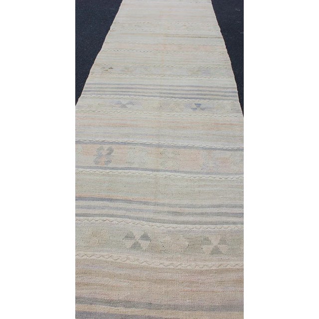 Mid 20th Century Mid 20th Century Vintage Turkish Kilim Runner With Soft Stripes and Modern Design in Muted Colors For Sale - Image 5 of 12