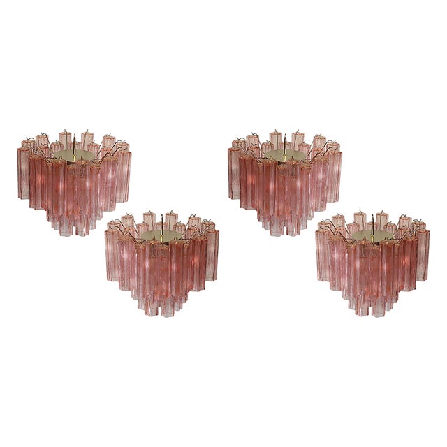 Tronchi Chandeliers with 36 Pink Glasses in the Style of Toni Zuccheri, Murano, 1990, Set of 4 For Sale