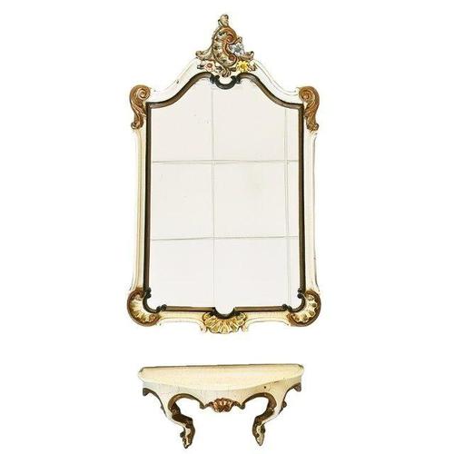Metal Mid-Century Italian Baroque Style Cream and Gilt Crackled Mirror and Wall Console, 1950s, Set of 2 For Sale - Image 7 of 14
