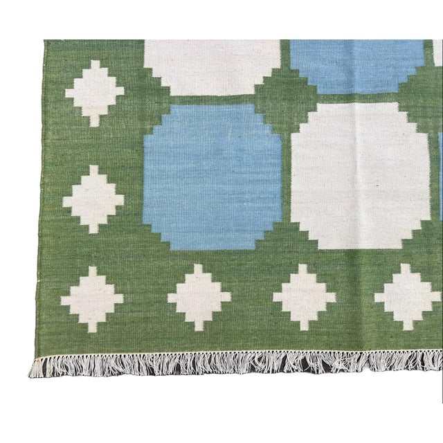 Handmade Woolen Rug, Sky Blue With Cream and Moss Green Border Tile Dhurrie - 9'x12' For Sale - Image 10 of 11