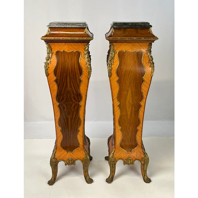 Pair of Mid-20th Century French Rococo Style Marquetry & Ormolu Pedestals With Green Marble Tops For Sale - Image 11 of 16
