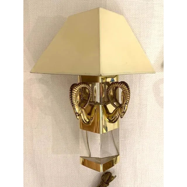 Karl Springer Style Lucite and Brass Rams Head Sconce For Sale - Image 4 of 13
