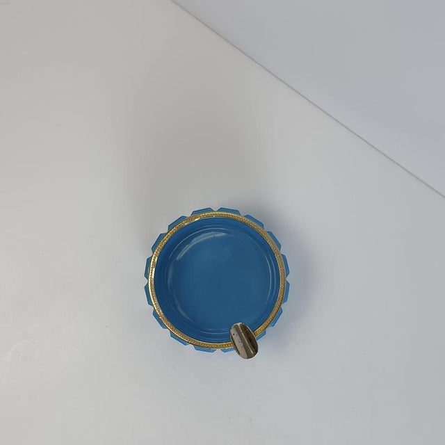 Faceted Turquoise Opaline Glass Ashtray with Gilt Brass Rim, Italy, 1950s For Sale - Image 4 of 10