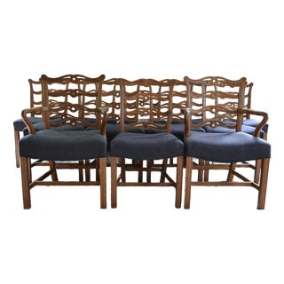 Early 20th Century English Oak Chippendale Style Ribbon Back Dining Chairs - Set of 12 For Sale