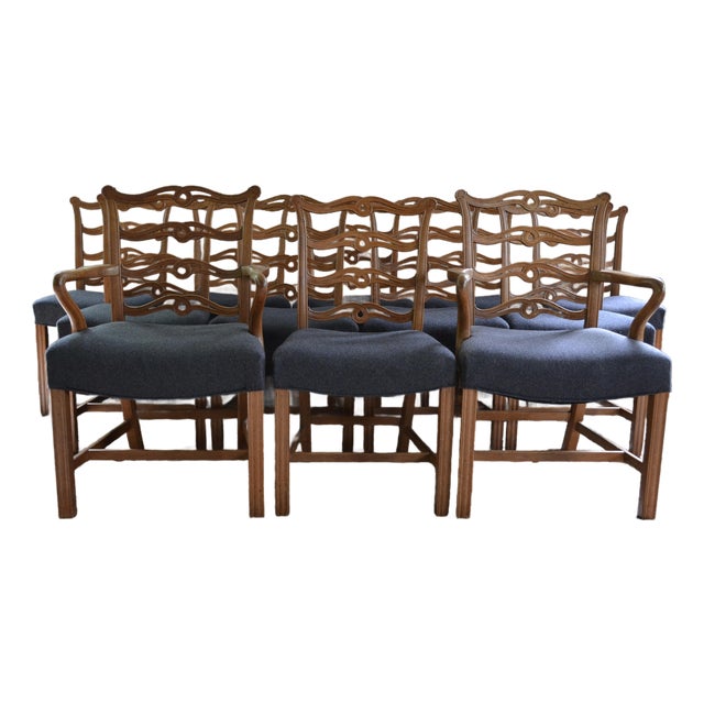 Early 20th Century English Oak Chippendale Style Ribbon Back Dining Chairs - Set of 12 For Sale