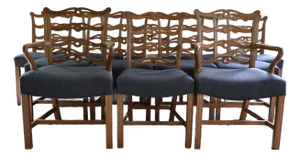 Early 20th Century English Oak Chippendale Style Ribbon Back Dining Chairs - Set of 12
