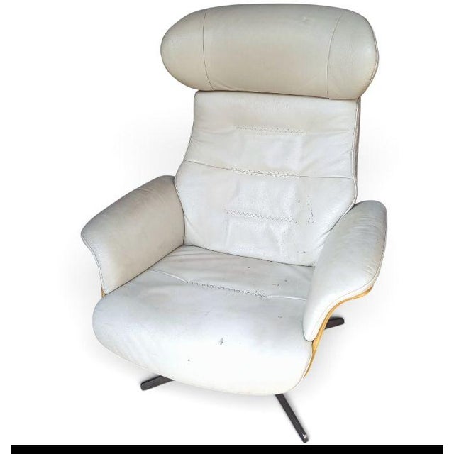 Eggshell Vintage Amala Beige Bone Genuine Leather Reclining Swivel Armchair With Adjustable Headrest. For Sale - Image 8 of 9
