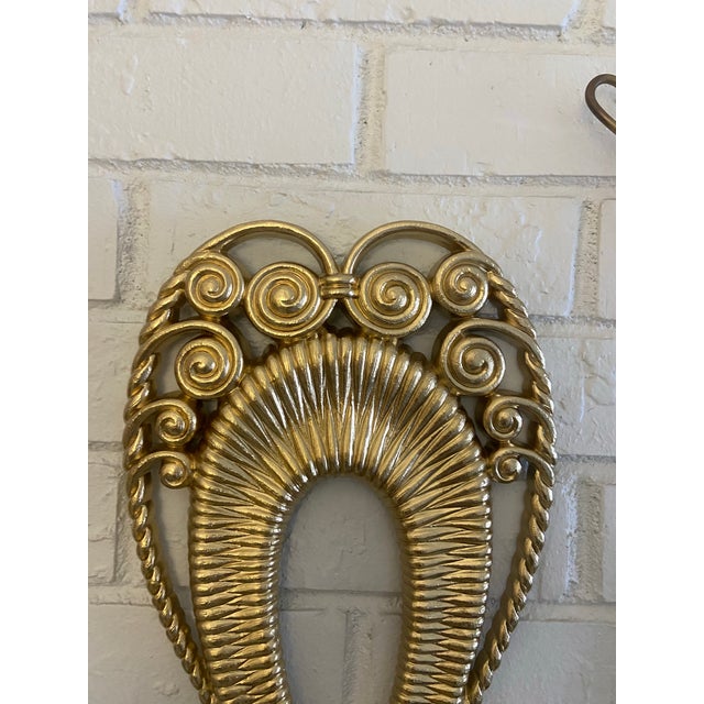 Hollywood Regency 2 VTG Egyptian Inspired Ornate Faux Wicker & Rattan Scrolled Homco Candle Holders Set, Wall Hanging Decorative Candle Votives Gilded Gold Wall Sconces For Sale - Image 3 of 11