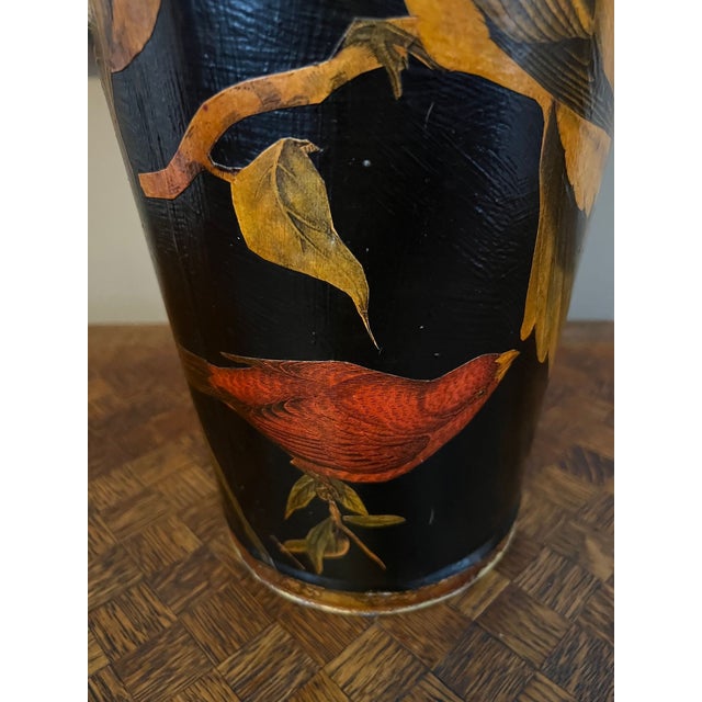 Vintage English Planter Jardiniere Urn Bird Decoupage Black Tole Aviary Décor For Sale - Image 11 of 18