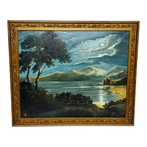 Vintage Moonlit Oil Painting of Urquhart Castle, Loch Ness – After James Bell Anderson, Framed