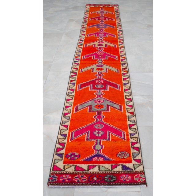 Hand-Knotted Turkish Runner Rug. Bright Orange Narrow Hallway Decor Kitchen Rug - 2' X 12'4" For Sale - Image 11 of 16
