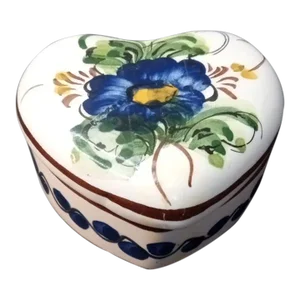 Antique French Art-Faience Point a La Main France Heart Trinket Holder Ceramic Box