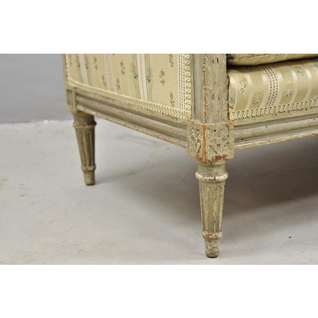 Antique French Louis XVI Style Cream Distress Painted Petite Canape Settee Sofa For Sale - Image 12 of 18