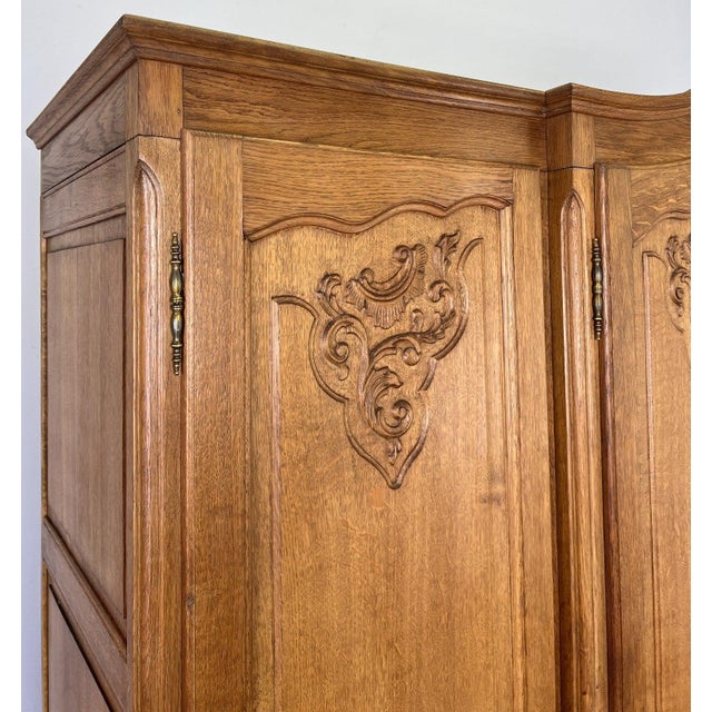 Vintage Louis XVI French Oak Four Door Carved Armoire For Sale - Image 3 of 10