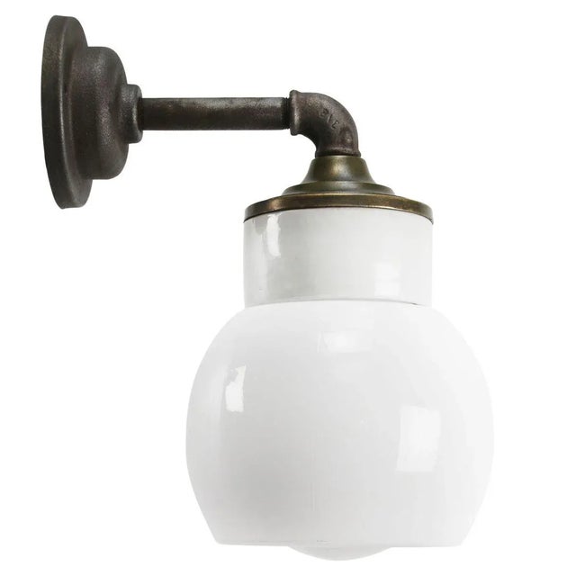 Vintage Industrial White Porcelain Opaline Milk Glass Brass Wall Lamp For Sale - Image 11 of 11