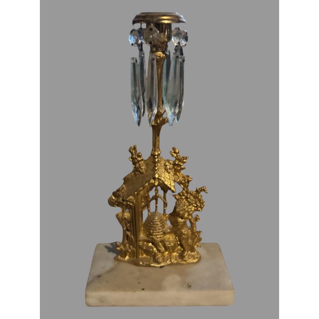 Antique 3pc Bear Beehive Girandole Candelabra Set Gilt Brass Crystal Marble For Sale - Image 9 of 10