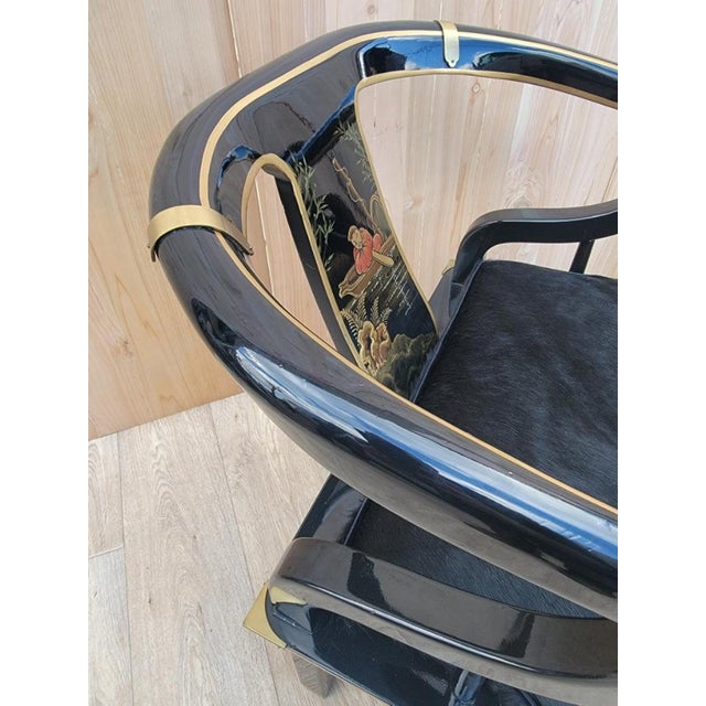 James Mont Mid Century Modern James Mont Chinoiserie Style Lacquer Horseshoe Chairs Newly Reupholstered in Cowhide - Pair For Sale - Image 4 of 9