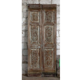 Rustic Vintage Carved Double Doors – Distressed Wood Architectural Statement 80x32 For Sale