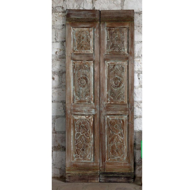 Rustic Vintage Carved Double Doors – Distressed Wood Architectural Statement 80x32 For Sale