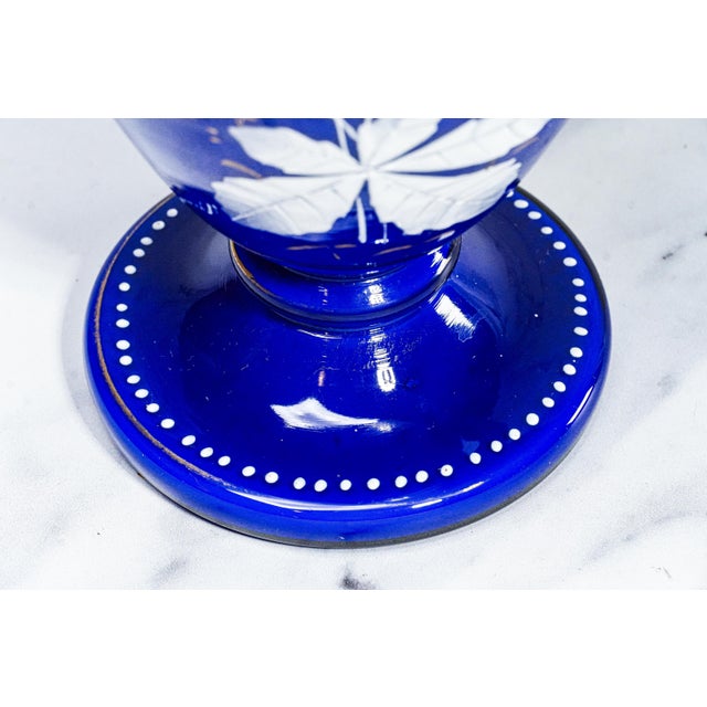 Striking Cobalt Blue and Hand Painted White Dragon Fly Flower Design Antique Victorian Decorative Vase For Sale - Image 9 of 17