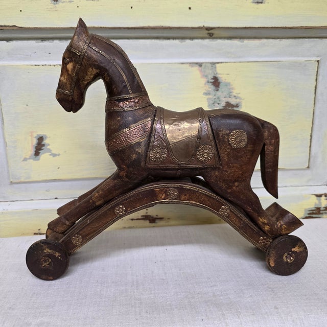 Turn-of-the-Century European Wooden Toy Horse on Wheels With Brass & Copper Inlay For Sale - Image 11 of 11