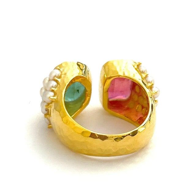 Bochic “Orient” Red Ruby, Green Emerlad & Pearl Ring Set 18K Gold & Silver, Size 8 For Sale - Image 10 of 11