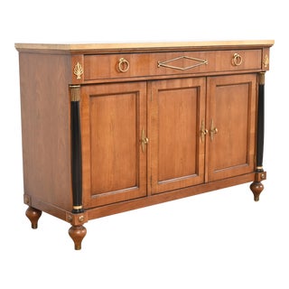 Baker Furniture Neoclassical Cherry Wood, Gold Gilt, and Parcel Ebonized Sideboard Credenza For Sale