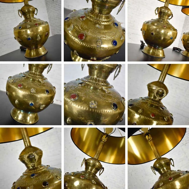 Mid 20th Century Tibetan Brass Lamps Hand Hammered With Glass Jewel Detail & New Black Shades, a Pair For Sale - Image 13 of 14