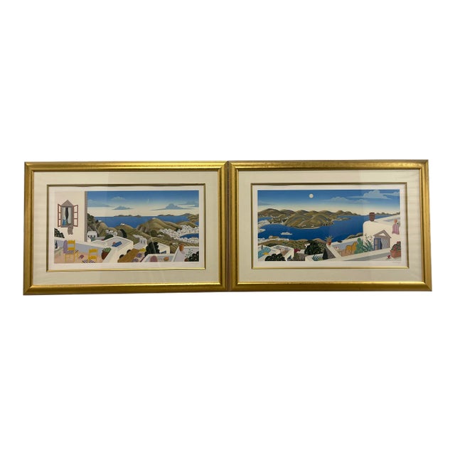 Vintage Postmodern Thomas McKnight "Patmos" Panorama Left & Right Panel Hand-Pulled Serigraphs with Signature - Set of 2 For Sale
