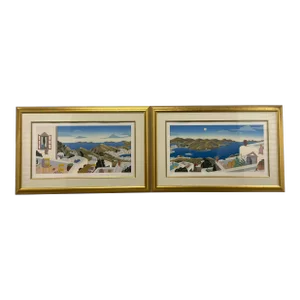 Vintage Postmodern Thomas McKnight "Patmos" Panorama Left & Right Panel Hand-Pulled Serigraphs with Signature - Set of 2