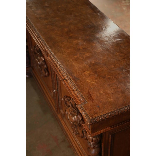 Wood 19th Century French Louis XIII Carved Oak Buffet With Parquetry Top For Sale - Image 7 of 12