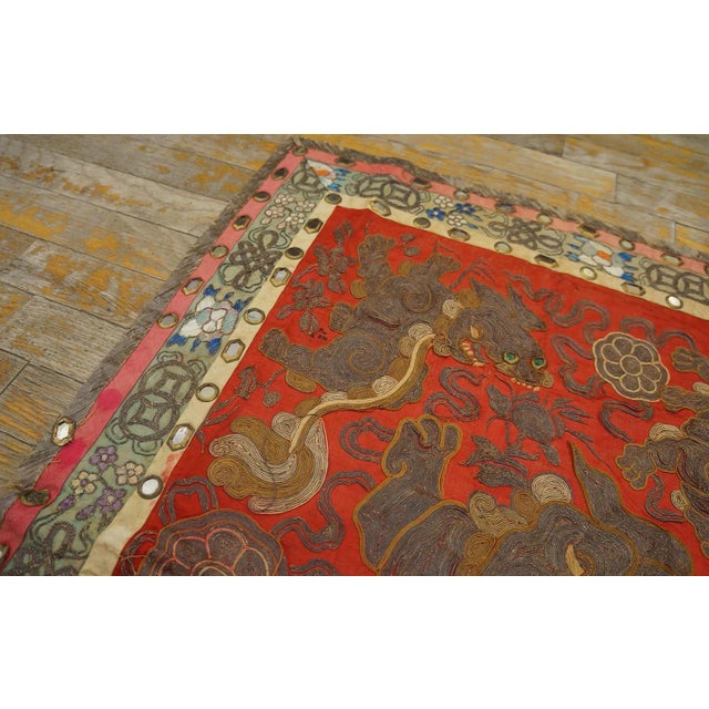 1920s Red Foo Dog Antique Chinese Silk Textiles Embroidery 3' X 3' Rug For Sale - Image 13 of 14