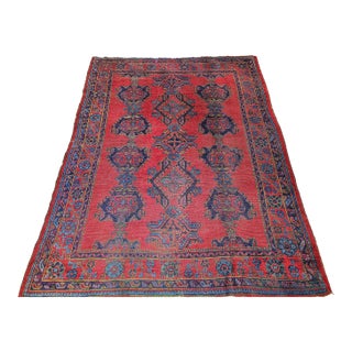 Vintage Turkish Oushak Hand-Knotted Rug, Red Geometric Design, 1900s For Sale