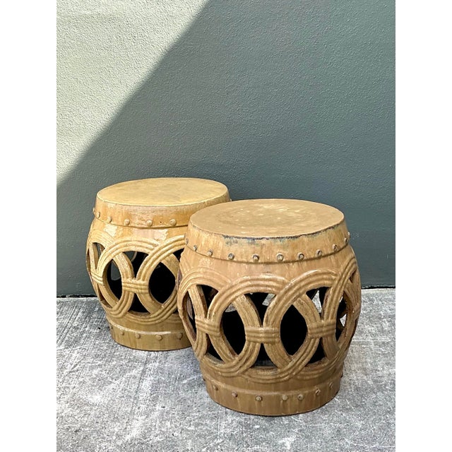 Vintage Glazed Ceramic Rings Low Stools - A Pair For Sale - Image 12 of 12