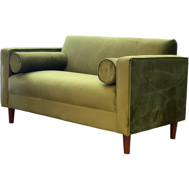 Brand New Loveseat Sofa Avocado Green Velvet Upholstery Solid Wood Frame’ For Sale - Image 4 of 7
