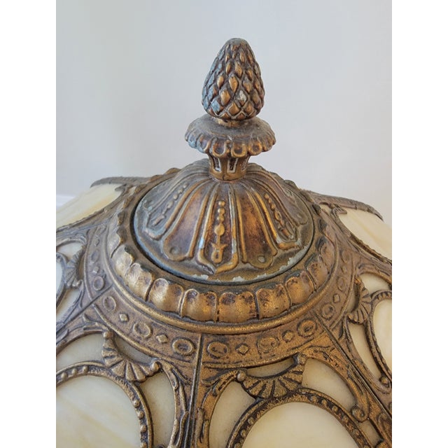 Gothic Antique Rainau Tudor Revival Bronze & Slag Glass Table Lamp, C. 1925–1935 For Sale - Image 3 of 9