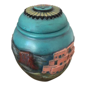 Southwest High Relief Ceramic Covered Jar With Sunface Kachina Lid