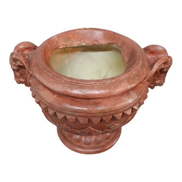 Terra Cotta Pair Neoclassical Figural & Foliate Terra Cotta Garden Urns & Pedestals For Sale - Image 8 of 12