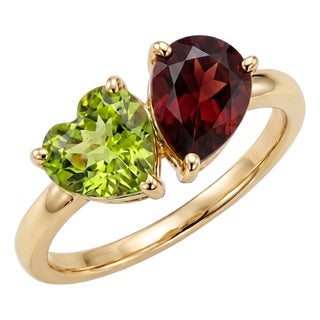 Peridot & Garnet Heart Cut Ring - Toi Et Moi Birthstone Ring - Us 7 For Sale