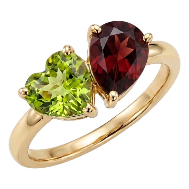 Peridot & Garnet Heart Cut Ring - Toi Et Moi Birthstone Ring - Us 7 For Sale