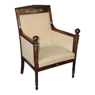 Beautiful Mahogany French Empire Bronze Mounted Bergere Chair For Sale