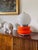 Space Age Murano glass table lamp. Attrib. to AV Mazzega, Italy 1970s Opaline white glass and orange glass. Chromed...