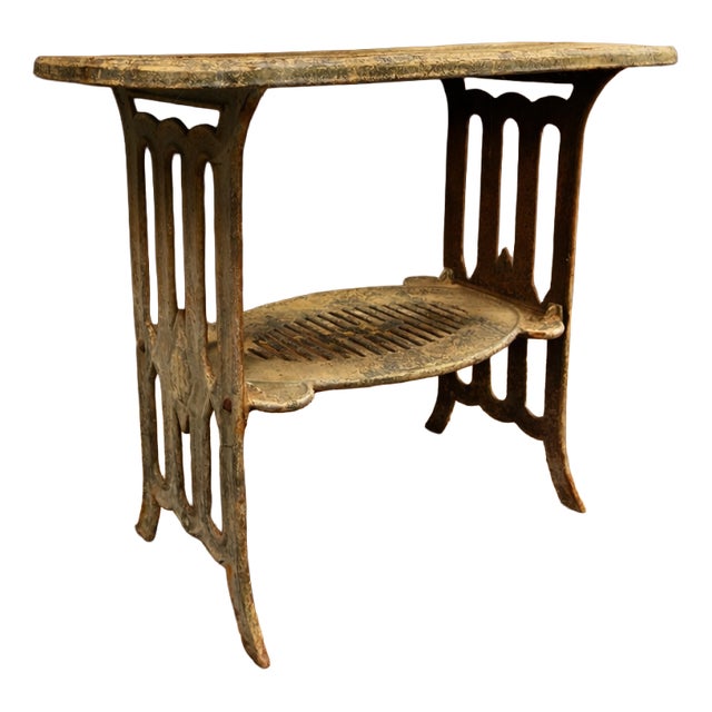 Vintage Metal Table with Integrated Opening and Lower Shelf For Sale