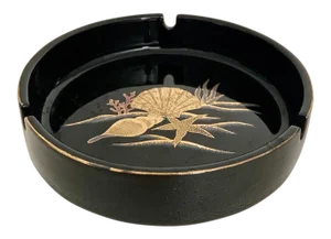 Vintage Otagiri Japan Black and Gold Shell Design Round Ashtray