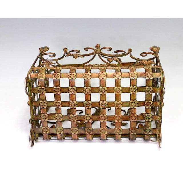 Traditional Rare Italian Wrought Iron Copper Gold Toned Magazine Stand With Rosettes and Leaves For Sale - Image 3 of 7