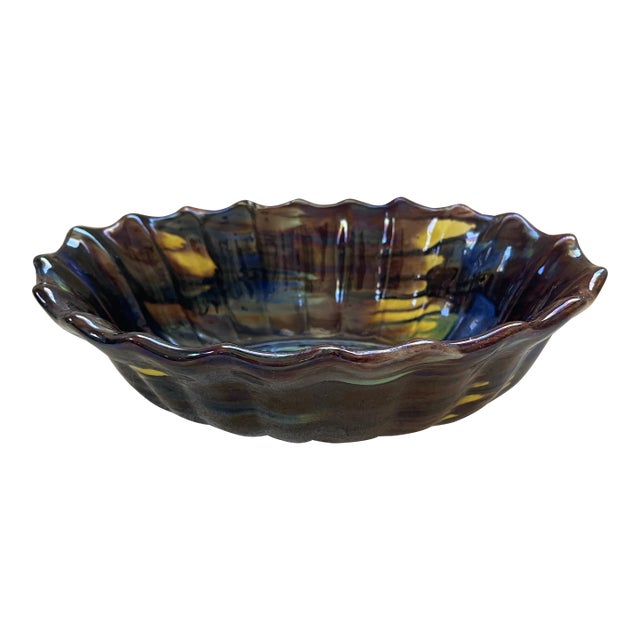 Vintage Slipware Terra Cotta Oval Ridged Bowl For Sale