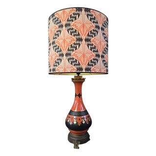 Large Antique Porcelain Lamp in Orange with Art Deco Shade For Sale