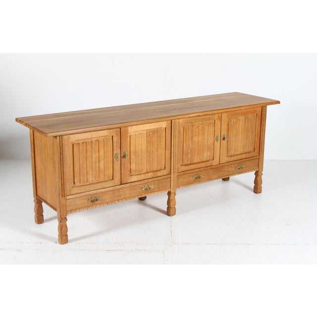 Long Brutalist Danish Oak Sideboard with 4 Doors attributed to Henning Kjærnulf, 1970s For Sale - Image 10 of 18