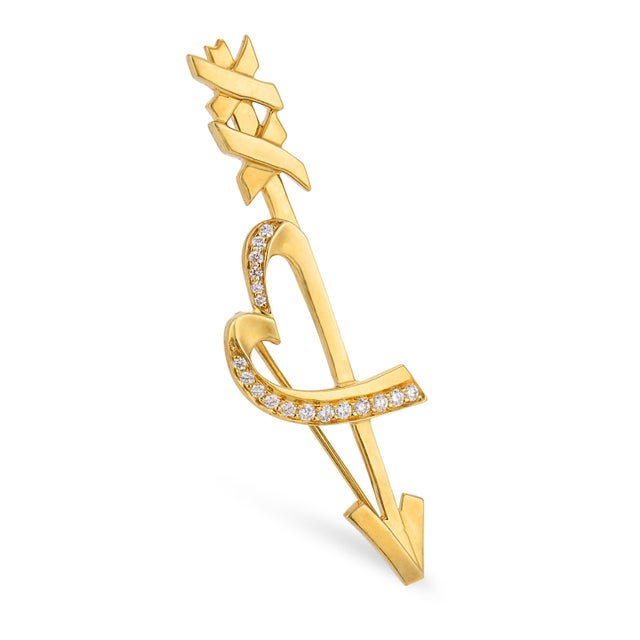 Contemporary Tiffany & Co. Paloma Picasso Diamond 18k Yellow Gold Heart Arrow Brooch For Sale - Image 3 of 6