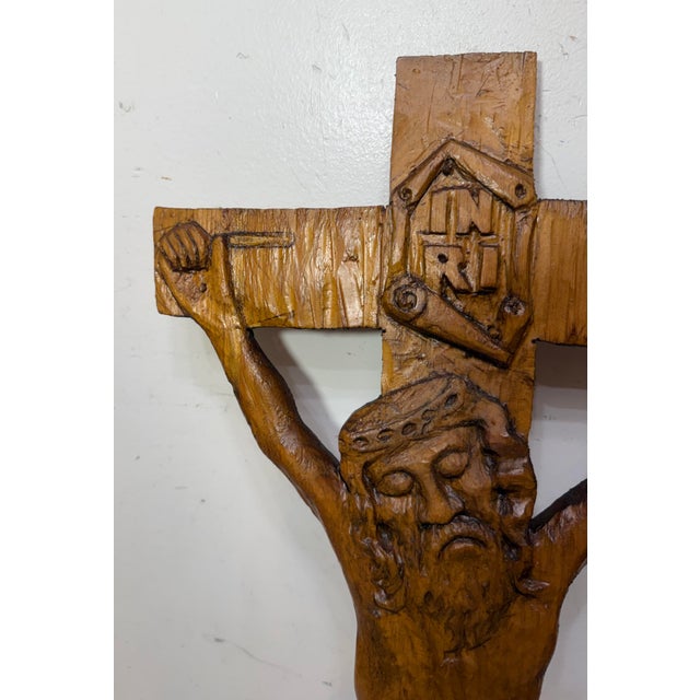 Wood Big Vintage Hand Carved Wood Folk Art Religious Jesus Crucified Cross Sculpture For Sale - Image 7 of 15